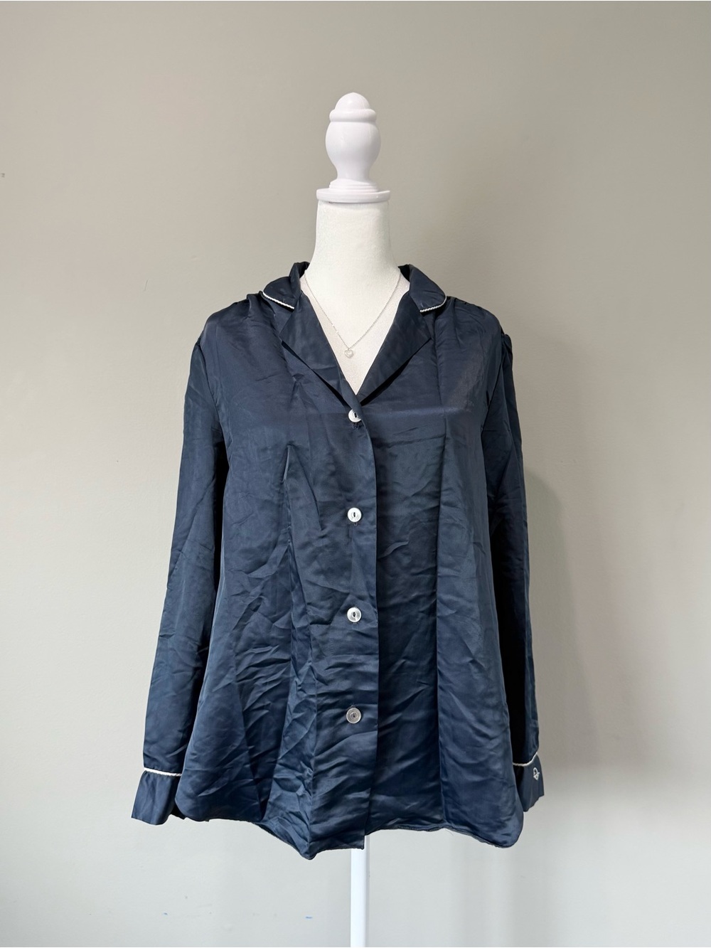 Vintage Christian Dior Lingerie Blue Satin Long Sleeve Pajama Top